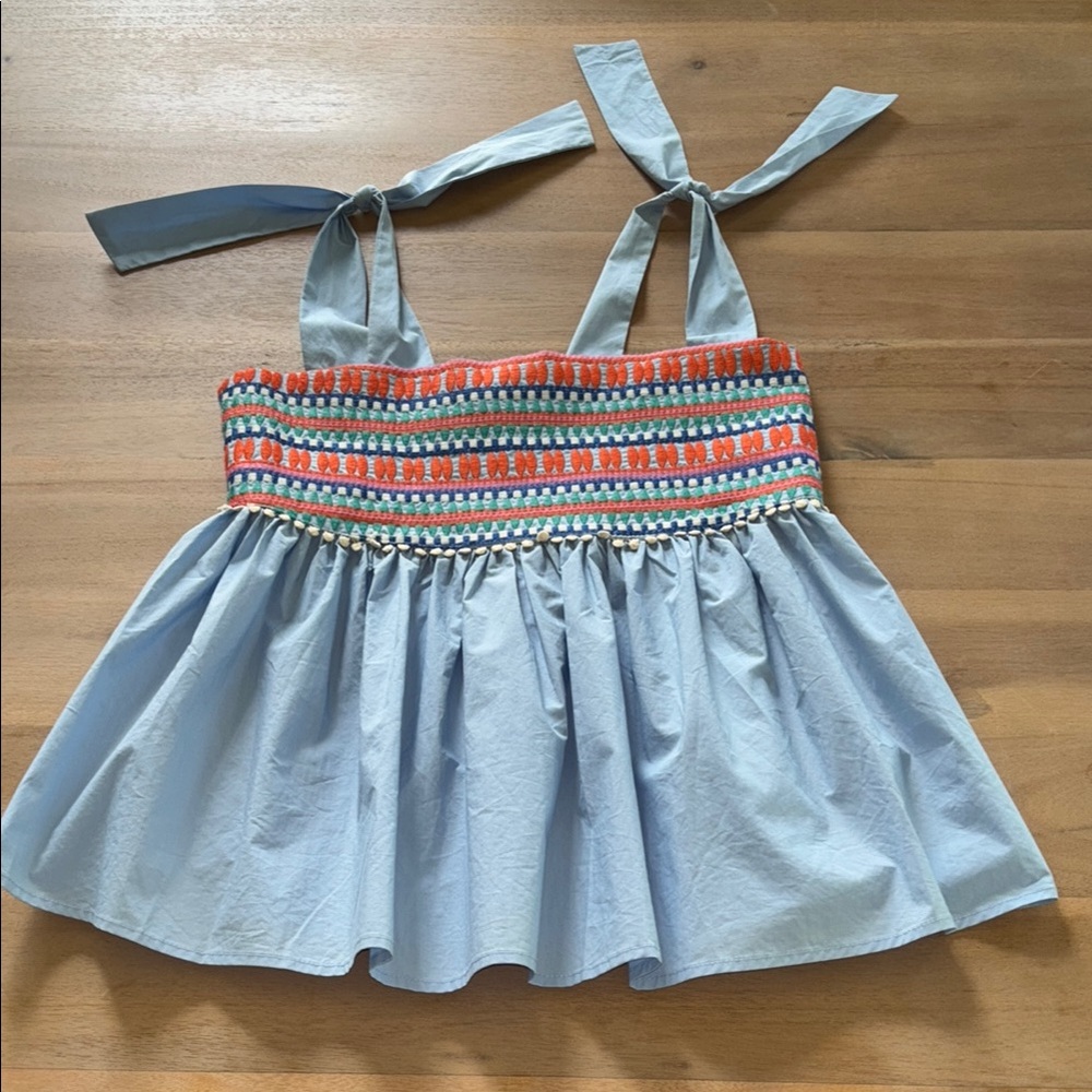 Blue and Orange Ruffled Blouse with Smocking (worn once)